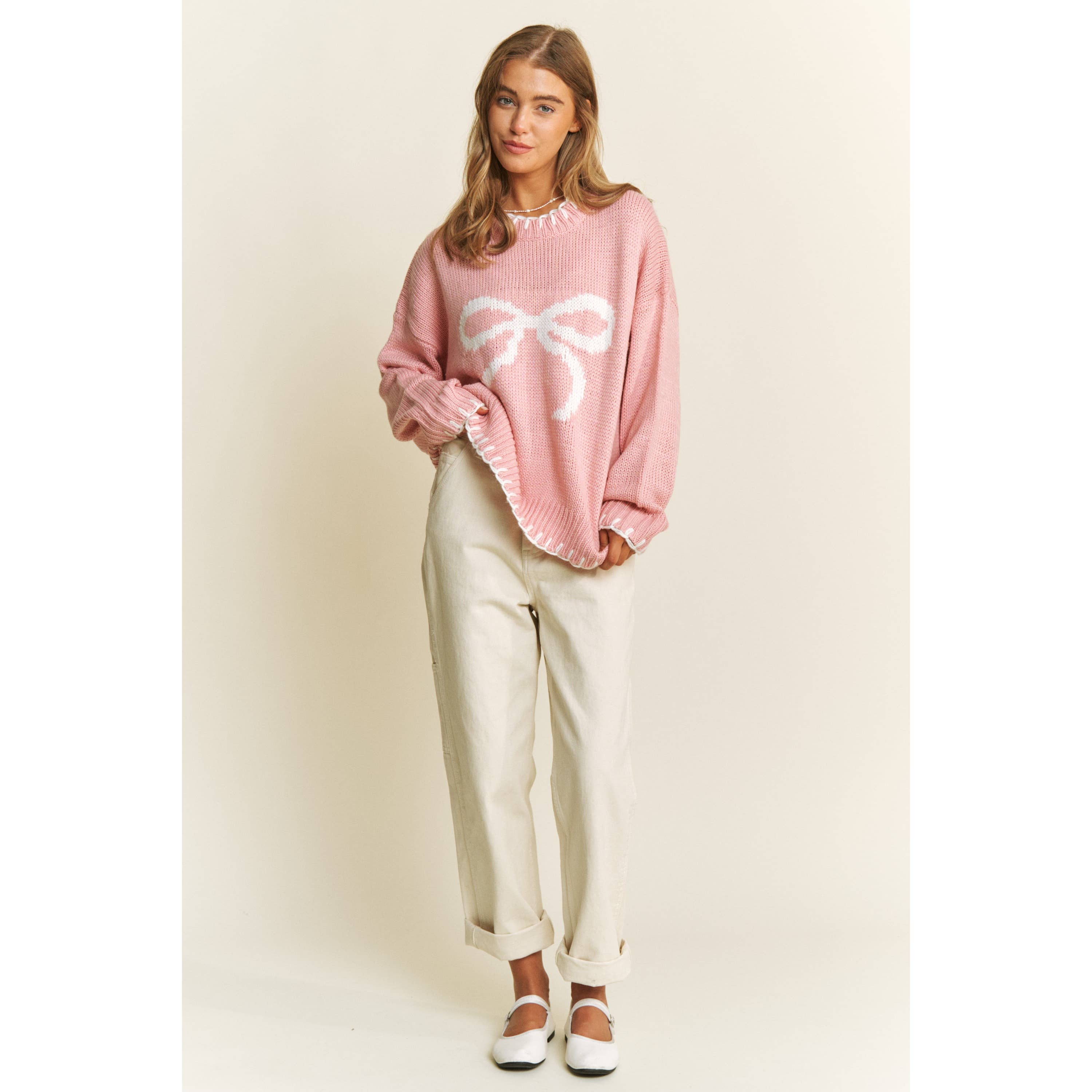 Sweet Generis - Vente Pull en maille – femme - Pull col rond de fête avec gros nœud et surpiqûres contrastées5