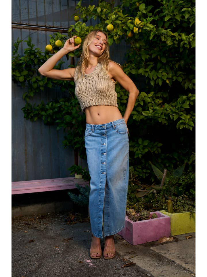 ♡20% OFF♡ BUTTON-DOWN COMFORT MAXI SKIRT IN MEDIUM LIGHT for wholesale on Faire
