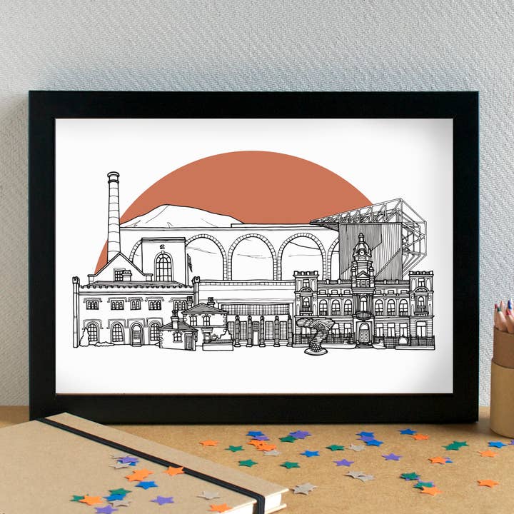 Burnley Skyline Landmarks Art Print - unframed for wholesale by Becka Griffin Illustration