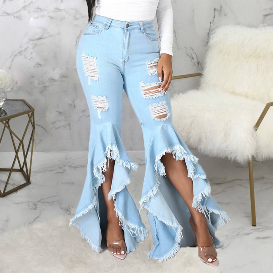 Ripped Jeans Women's Flared Jeans High Waist Hole Wide Leg Pants Denim  Streetwear Leggings XXL (Color : Blue, Size : Small)