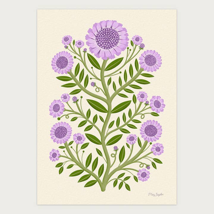 Small Scabious Floral Art Print – Purple Botanical Wall Art for wholesale by Maz Leyden