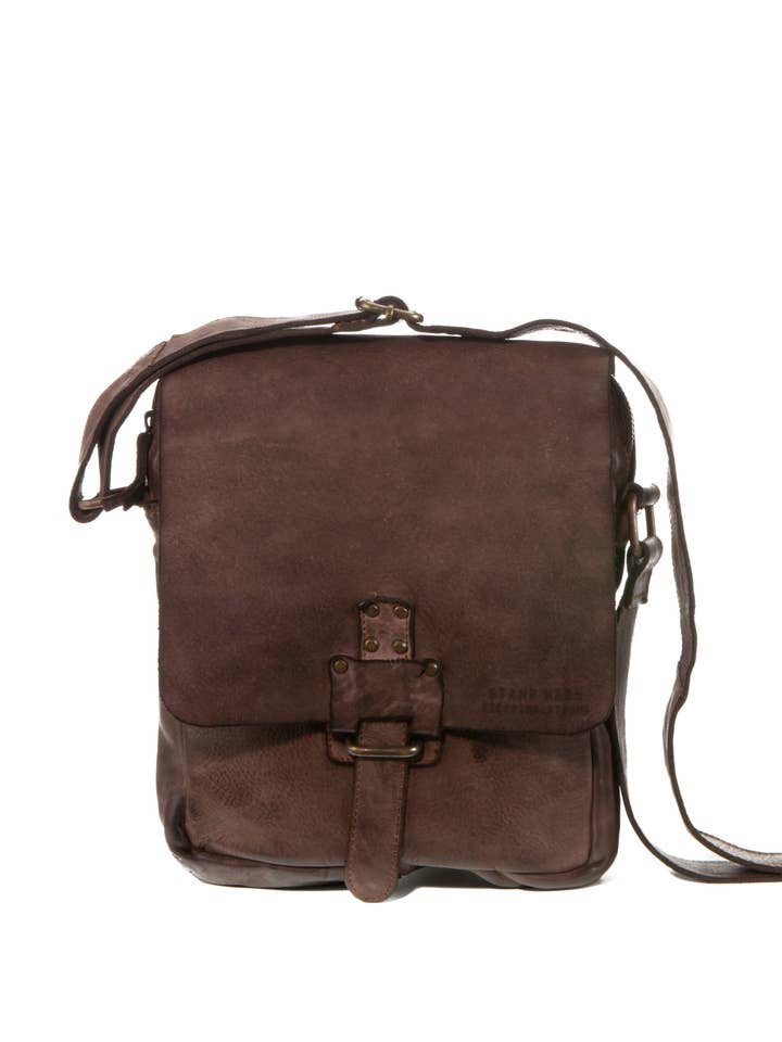 Stamp men's shoulder bag in dark brown leather for wholesale by Stamp