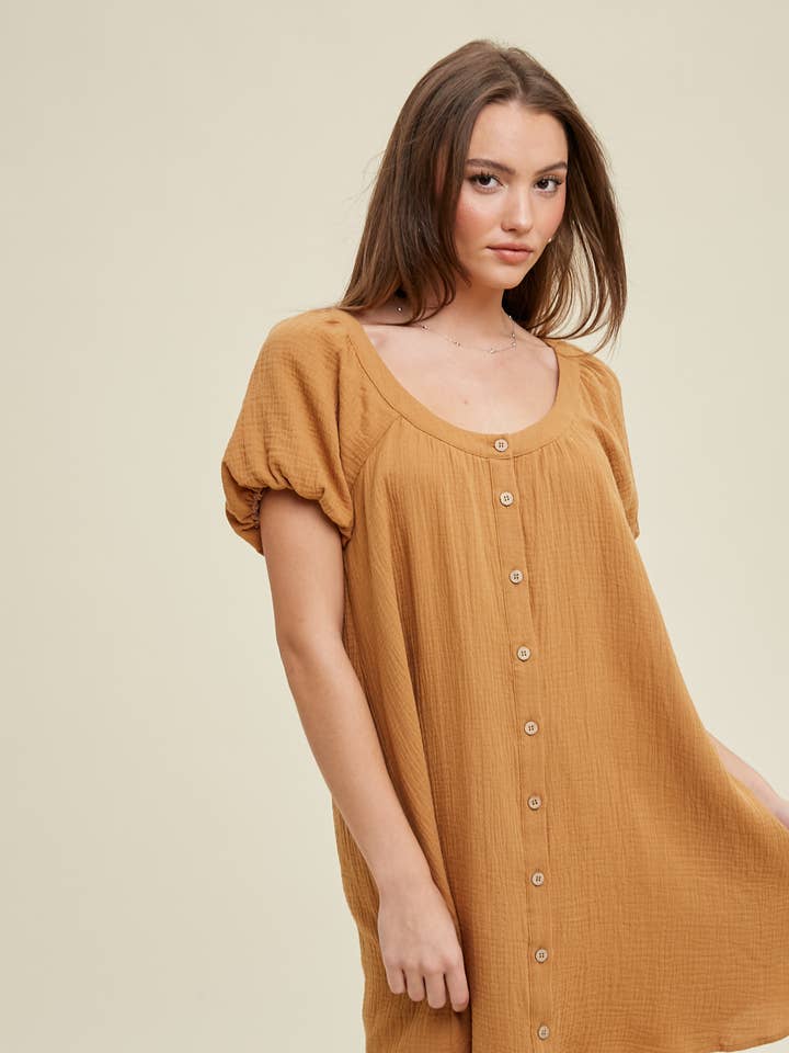 MINI-ROBE À MANCHES BOUFFANTES EN GAZE DE COTON/WL23-8408 pour la vente par Wishlist Apparel