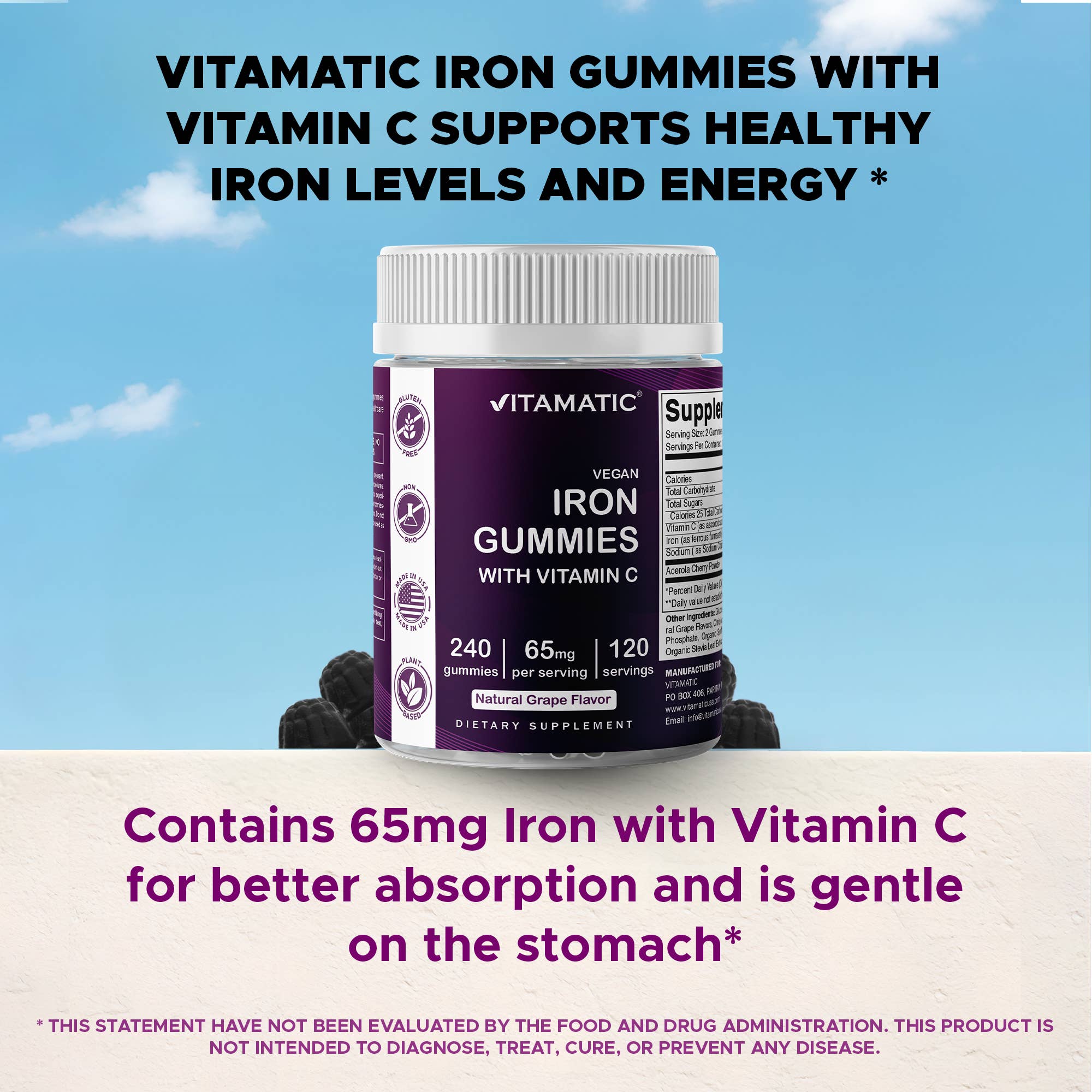 Vitamatic - Wholesale Oral Supplement/Vitamin - Vitamatic| Iron 65 mg Gummies Supplement | 240 Vegan Gummies3