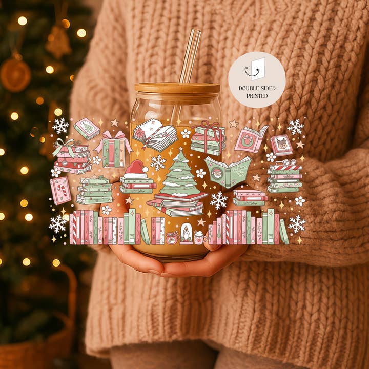 the cute cloud – wholesale Drinking glass/cup – Magical Christmas Books Double Sided Glass Cup + Lid & Straw1