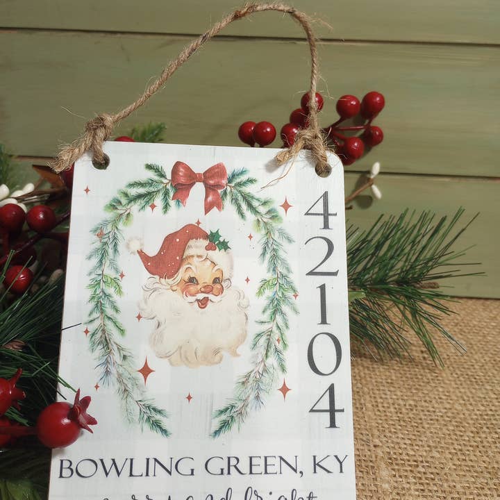 ZIPCODE Wood Ornament - rectangle Santa for wholesale by Bluegrass Burlap Co