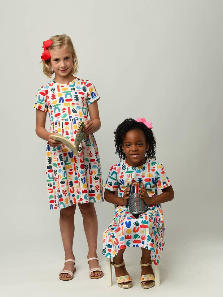 Minna - Wholesale Dress - Kids - Short Sleeve Jersey Twirl Dress - Colorful Retro Shapes4