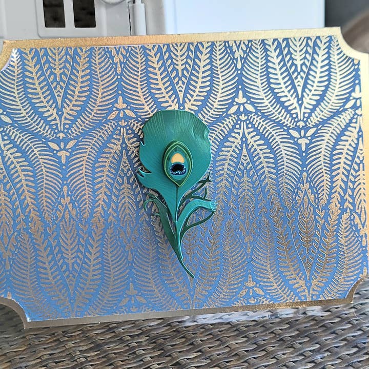 Blue Peacock Feather Embellished Notecard for wholesale by Notebellish