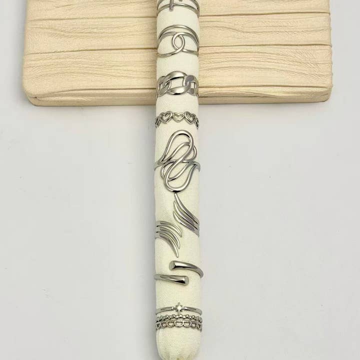 COSMOS - Wholesale Jewelry Set - Set of 8 Adjustable Silver Rings with Modern Design in Steel1