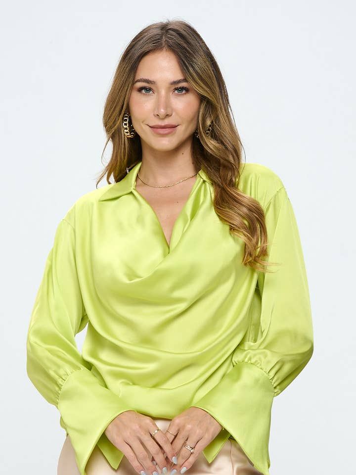 Made in USA Satin Collared Cowl neck Top with Split Cuff for wholesale by Renee C.