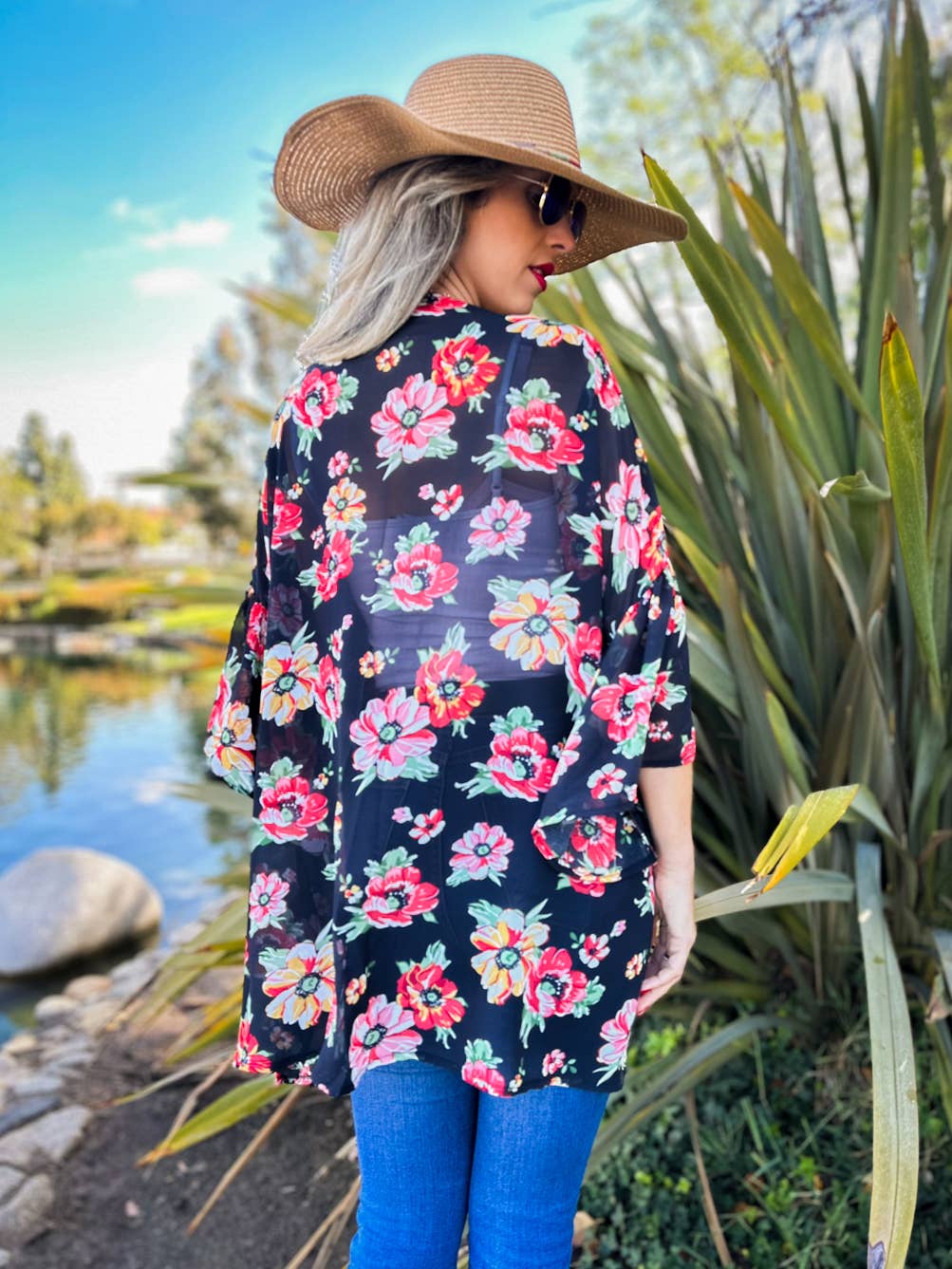 AMOLI – wholesale Kimono – Women's – Floral Printed Ruffled Sleeve Chiffon Kimono Cover-Up12