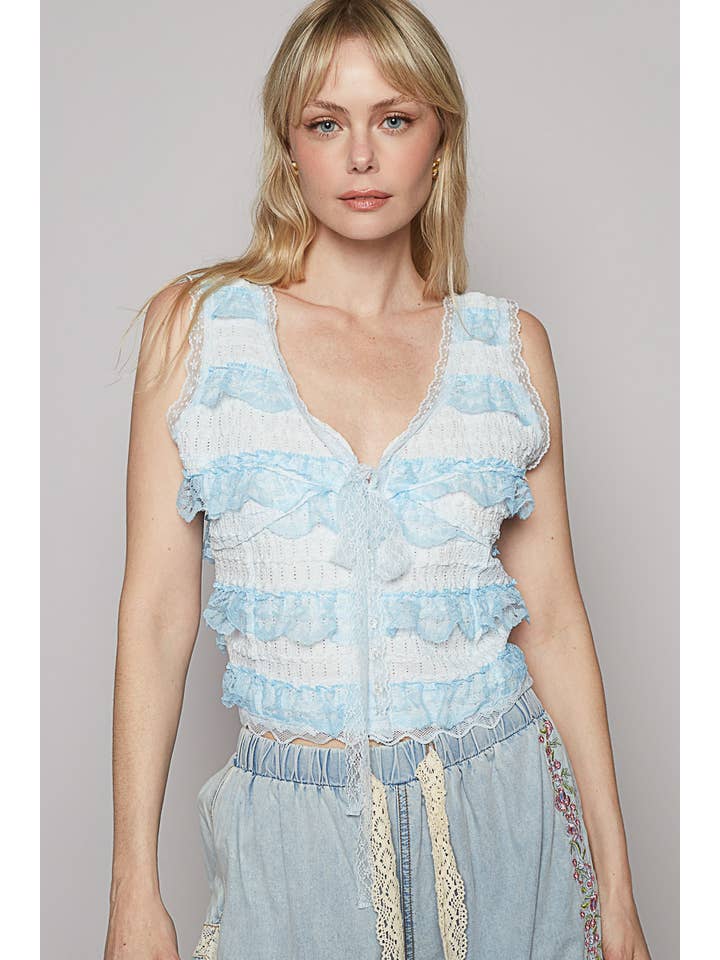 Pol Clothing - Wholesale Blouse - Women's - V-neck sleeveless cropped woven lace top11