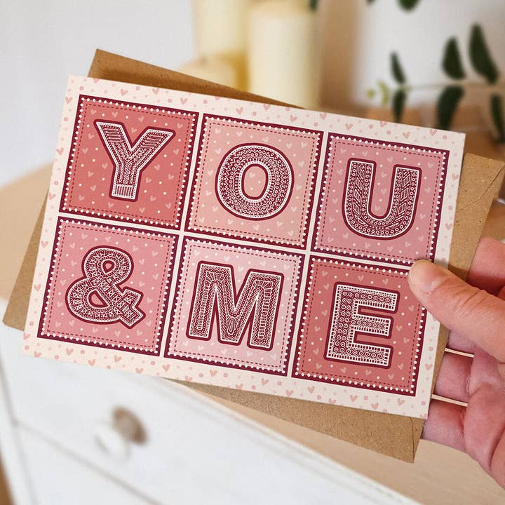 Jess A Little Creative - Wholesale Anniversary Card - Red and Pink Typographic You & Me Anniversary Card