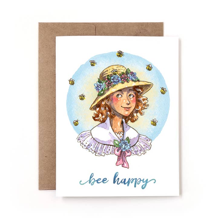 Biene Glücklich Verspielte Aquarell Blumenhaube Honigbienenkarte für den Großhandel von Nettles & Lace Paper Co.