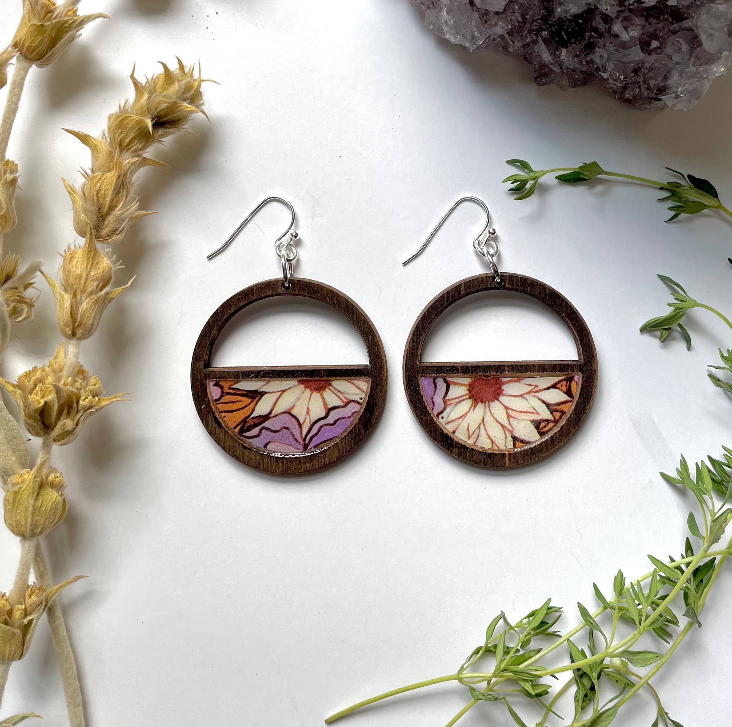 joeyfivecents - Wholesale Dangle Earrings - Natural Dark Wood Earrings - retro purple earthy mod flower2