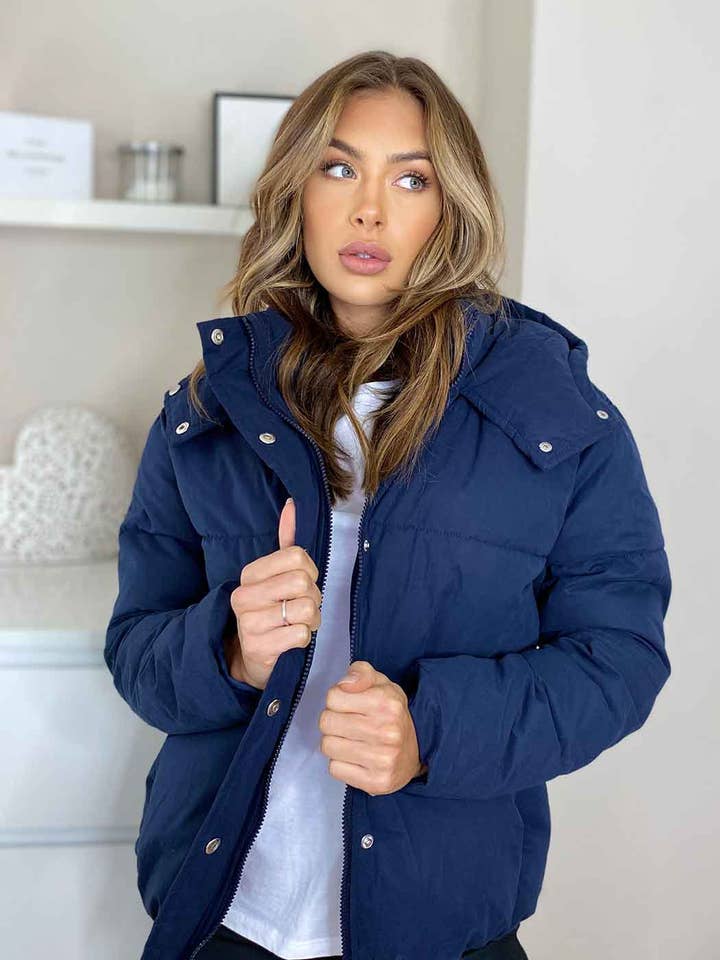Veneto Waisted Navy Puffer Jacket for wholesale by Urban Bliss