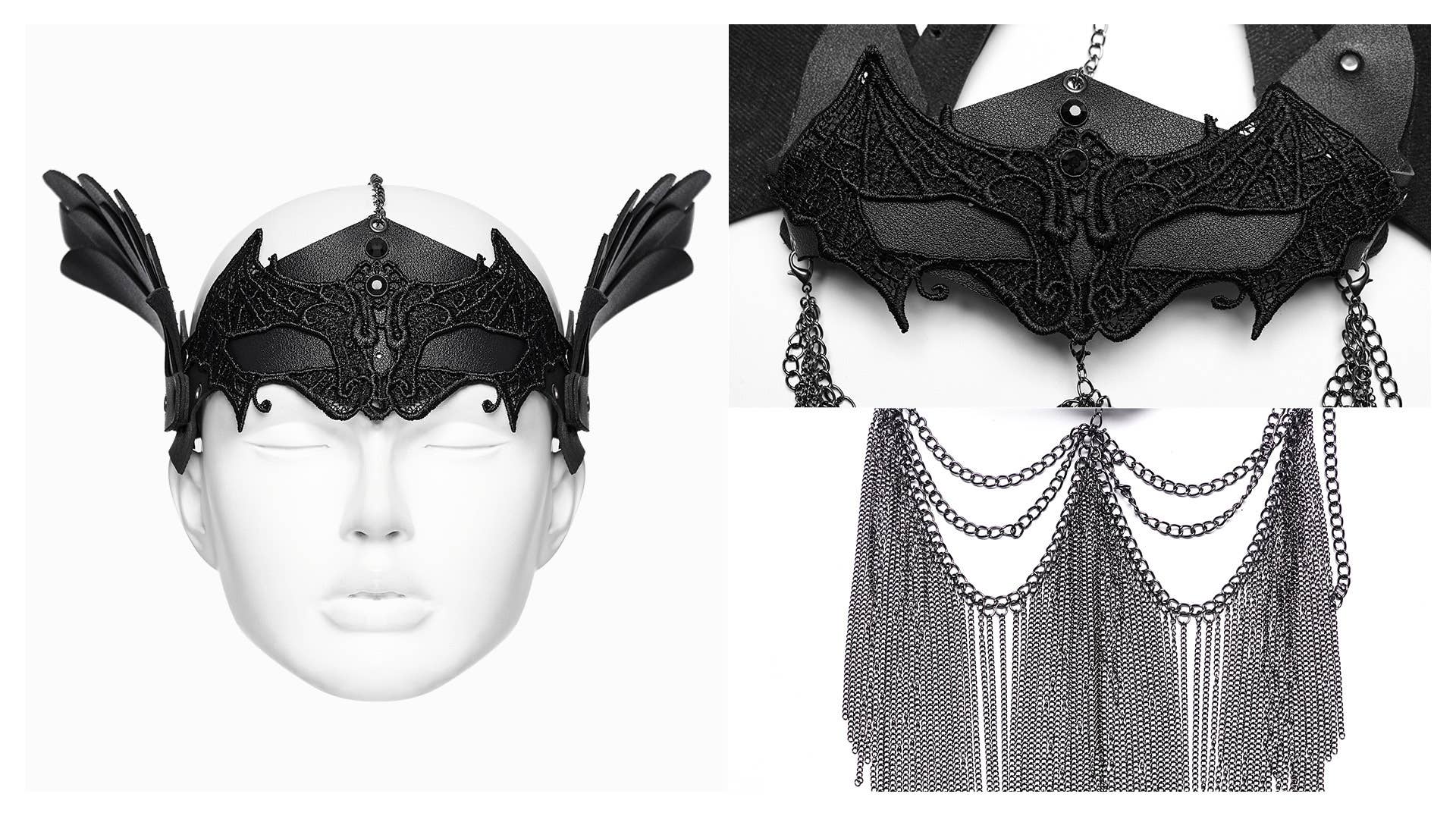 Western Fashion - Wholesale Costume - Women's - BAT LACE WING MASK WITH CHAINS3