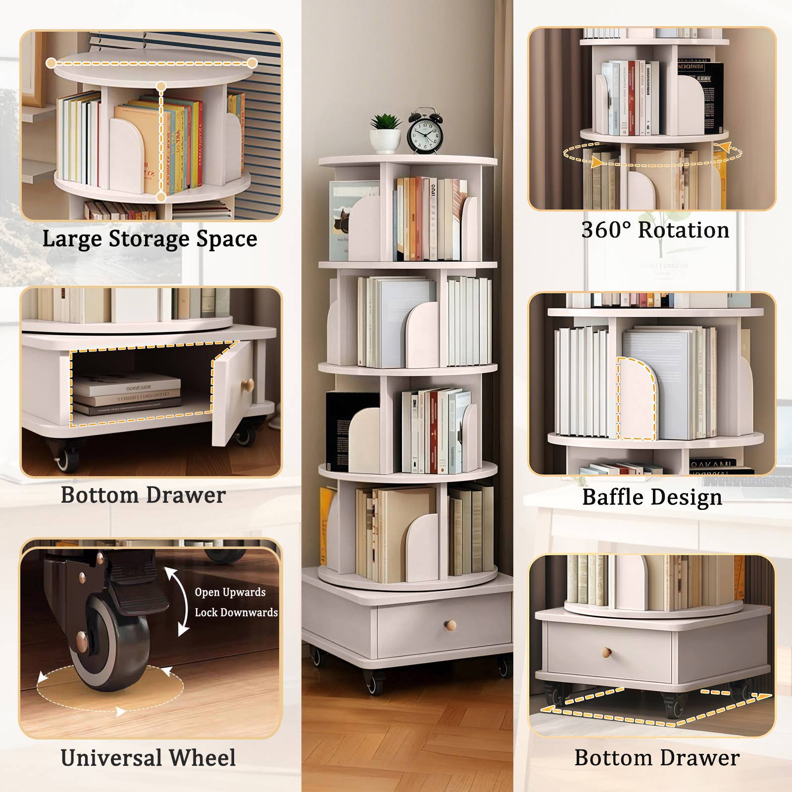 39F Inc. - Wholesale Bookcase - Rotating Wooden Bookcase with Storage Drawer,Swivel Design22