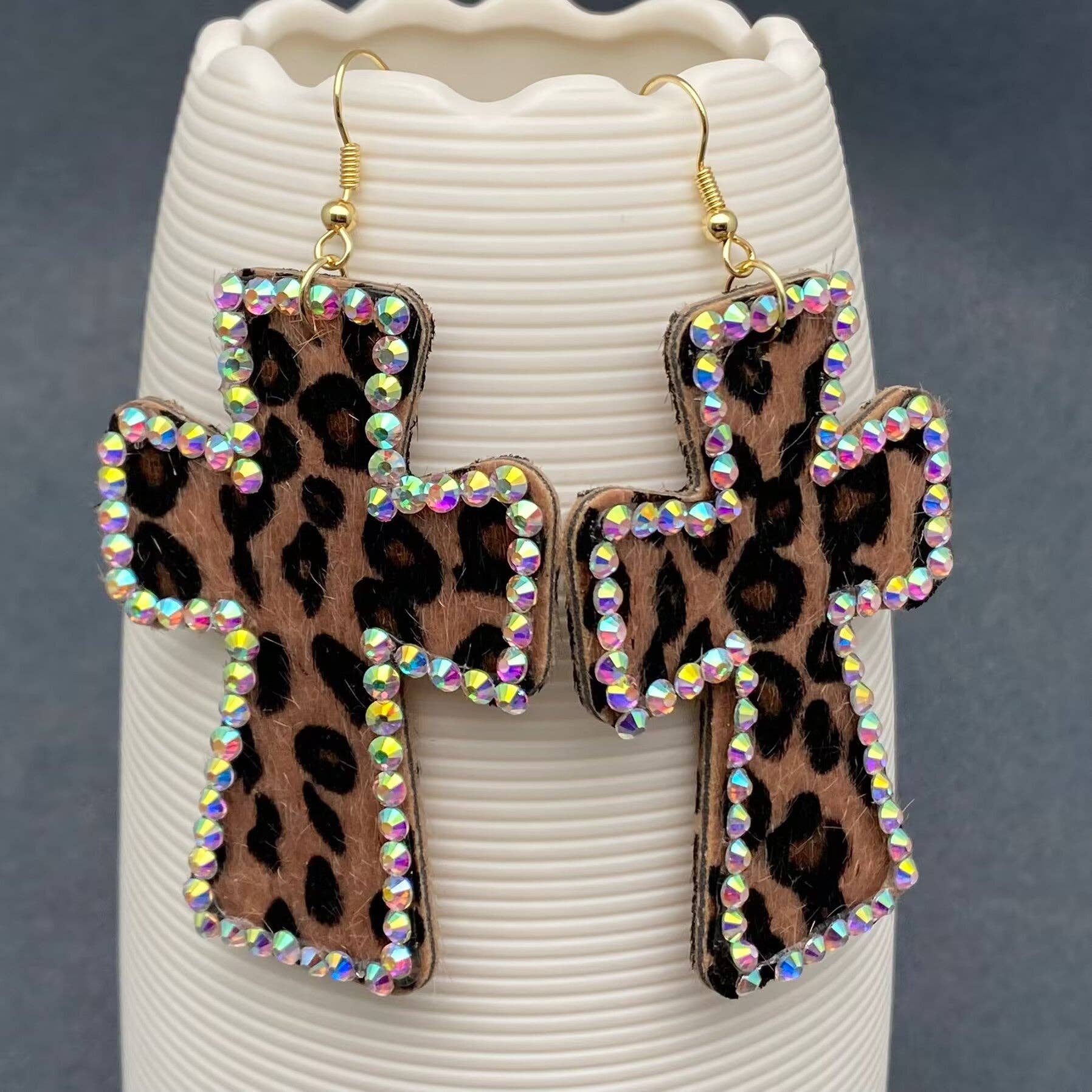 Mio Queena - Wholesale Dangle Earrings - Rhinestone Leopard Print PU Leather Cross Dangle Earrings0