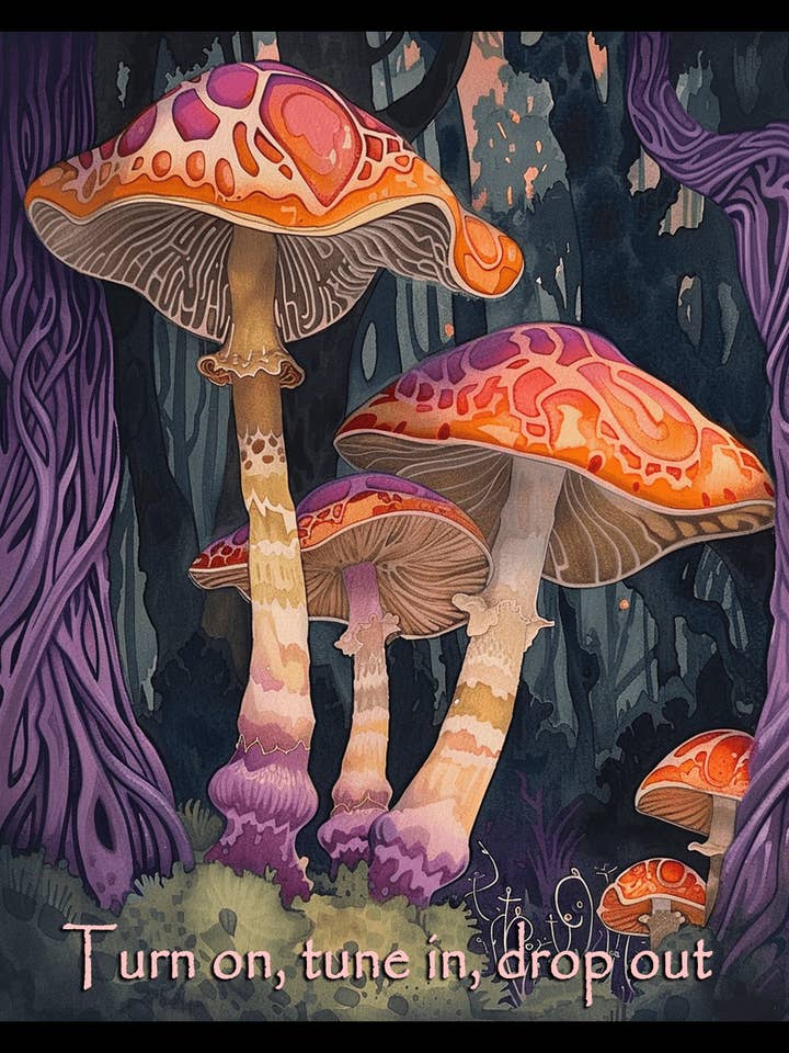 Mushrooms - Turn On, Tune In, Drop Out 8"x10" Art Print - Mowbi Fantasy Mushrooms Art Collection for wholesale by Mowbi