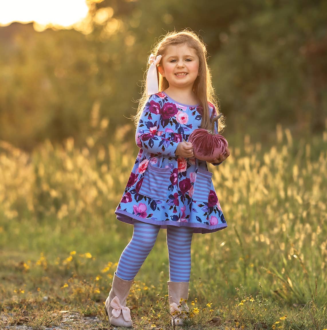 Girls Periwinkle Rose A-Line Dress & Stripe Leggings for wholesale on Faire