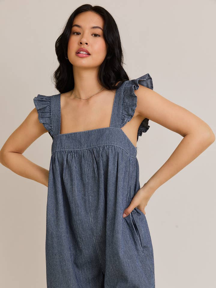 RUFFLED STRAP DENIM FLARE ROMPER for wholesale by LE LIS