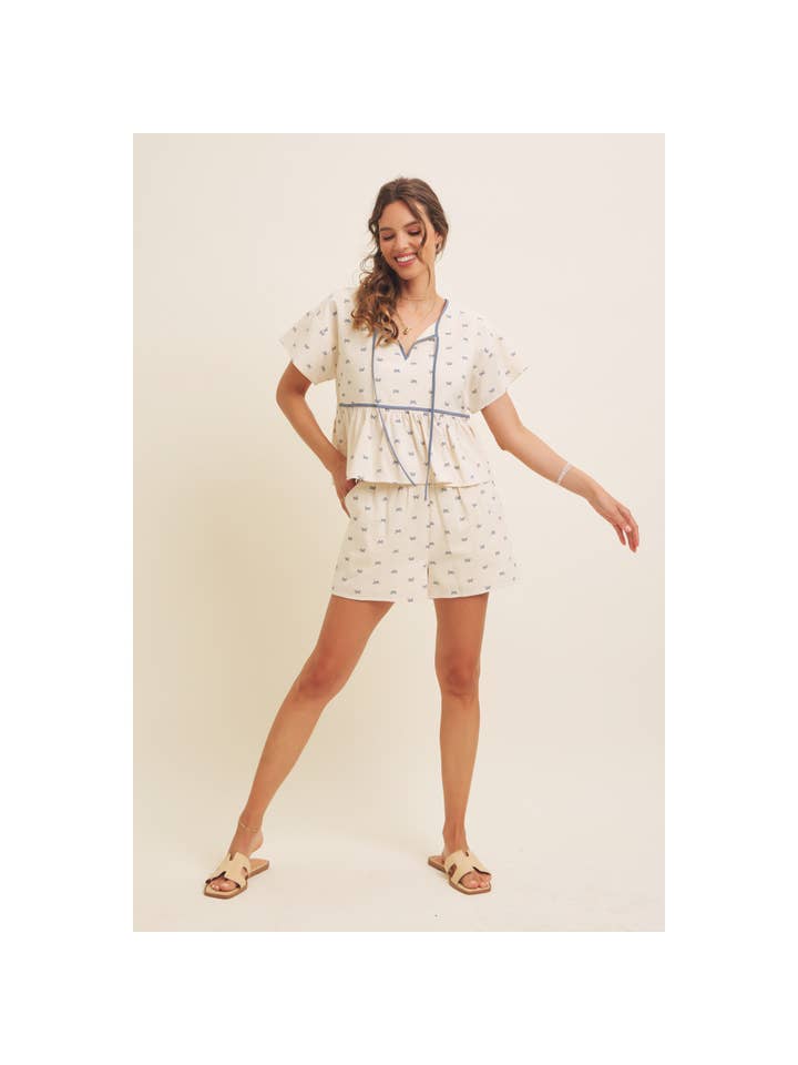 in february - Wholesale Blouse - Women's - SUNNY DAYS BOW PRINT BABYDOLL BLOUSE WITH CONTRAST BINDING6