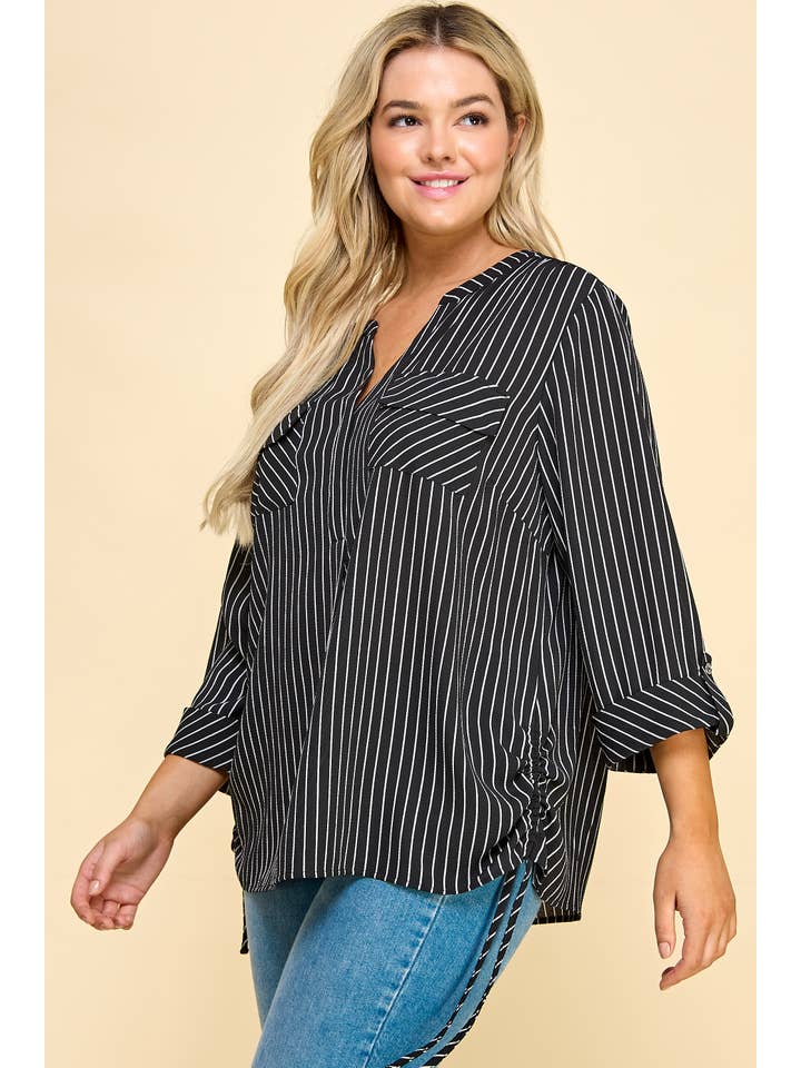 BLACK PLUS SIZE 3/4 BUTTON TAB SLV MANDARIN COLLAR TOP G9303788GX for wholesale on Faire