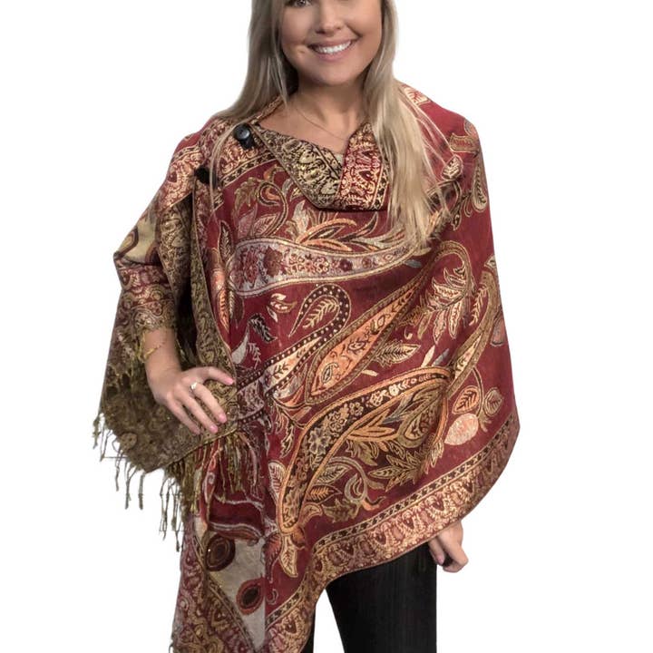 3210 - Metallic Paisley Button Poncho/Shawl for wholesale by The Magic Scarf Company