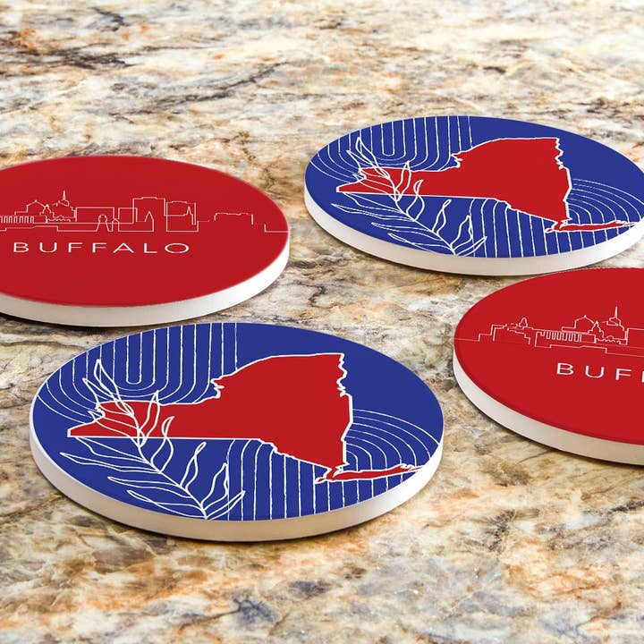 Love Local - Wholesale Coasters - Red White And Blue New York State Buffalo Skyline | Absorbent Coasters | Set of 4 | Min 26