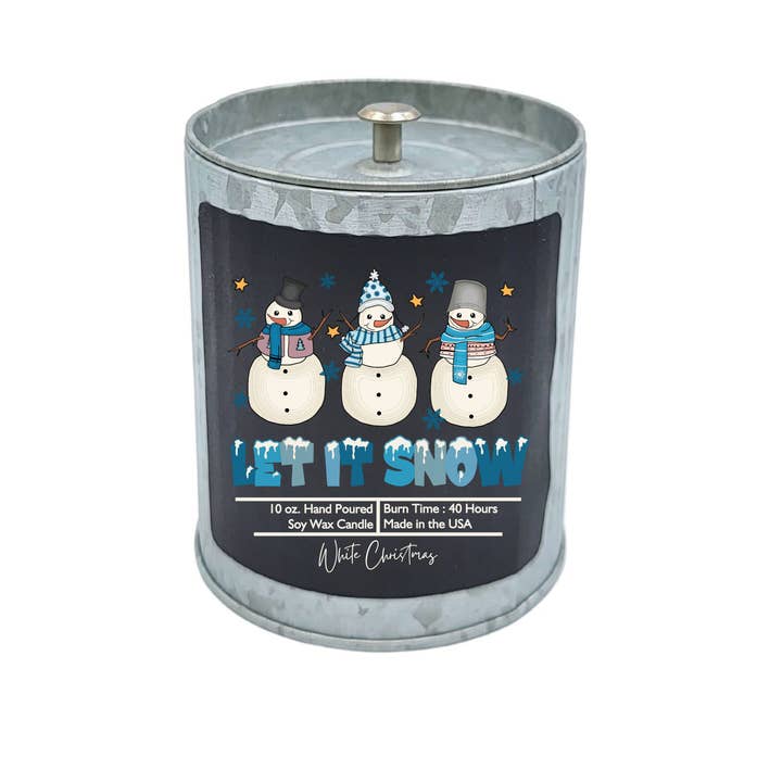 Let it Snow Soy Wax Candle - Rustic Tin Holiday Candles for wholesale by Driftless Studios