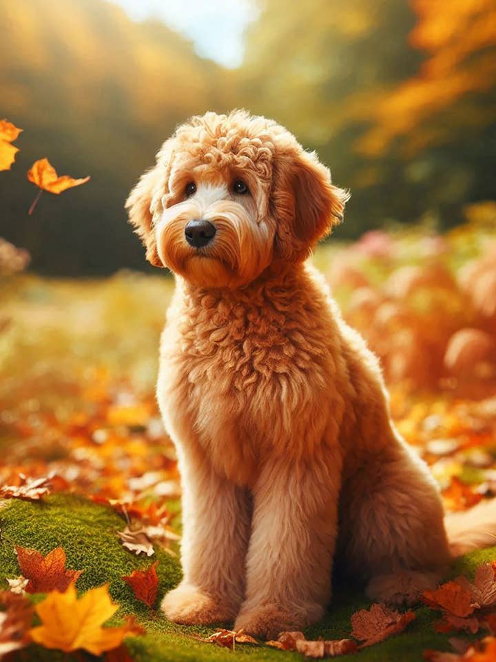 Goldendoodle Apricot - Falling Leaves Garden Flag for wholesale by Best of Breed Products