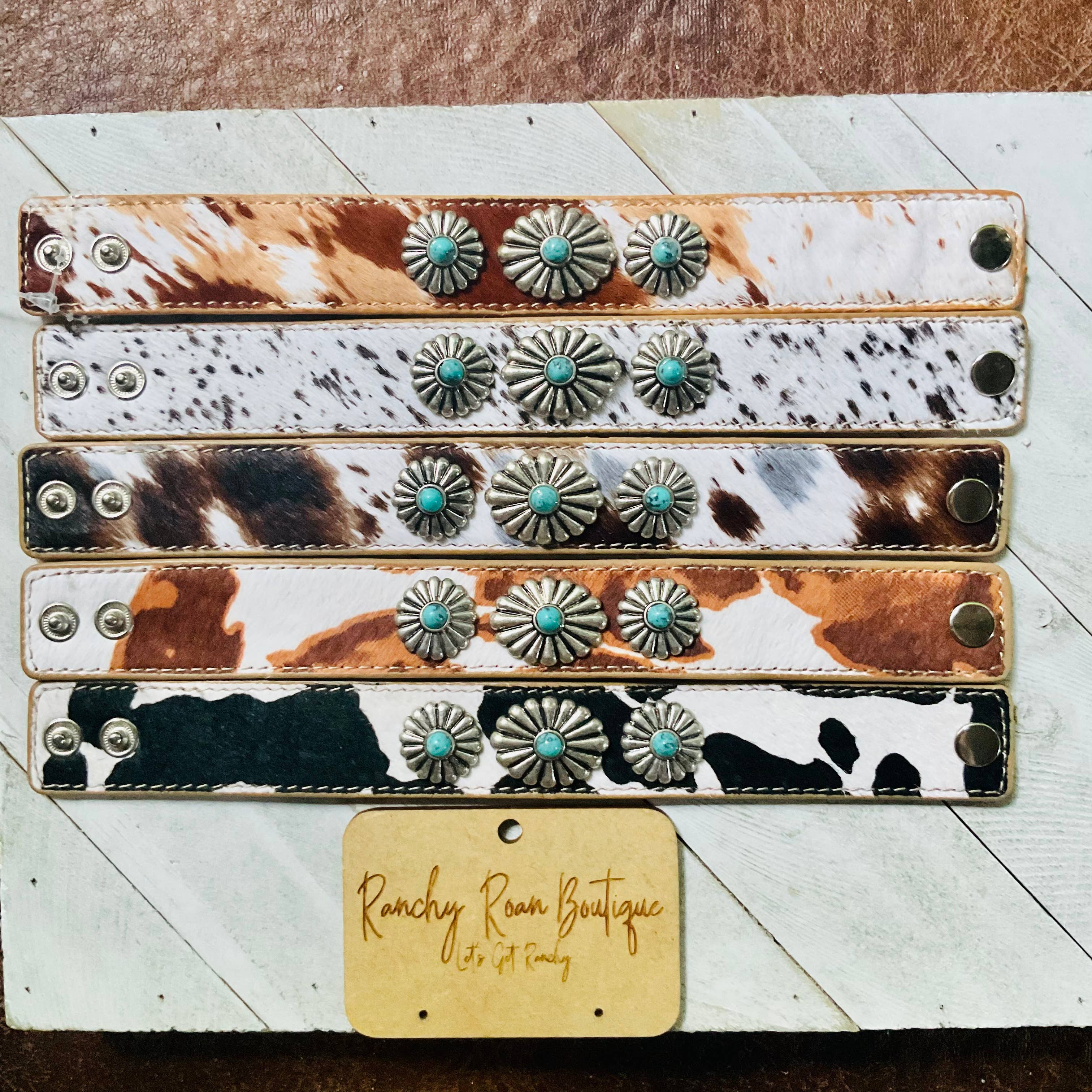 Ranchy Roan Boutique - Wholesale Bangle Bracelet - Cowhide Concho Leather Stone Bracelet1