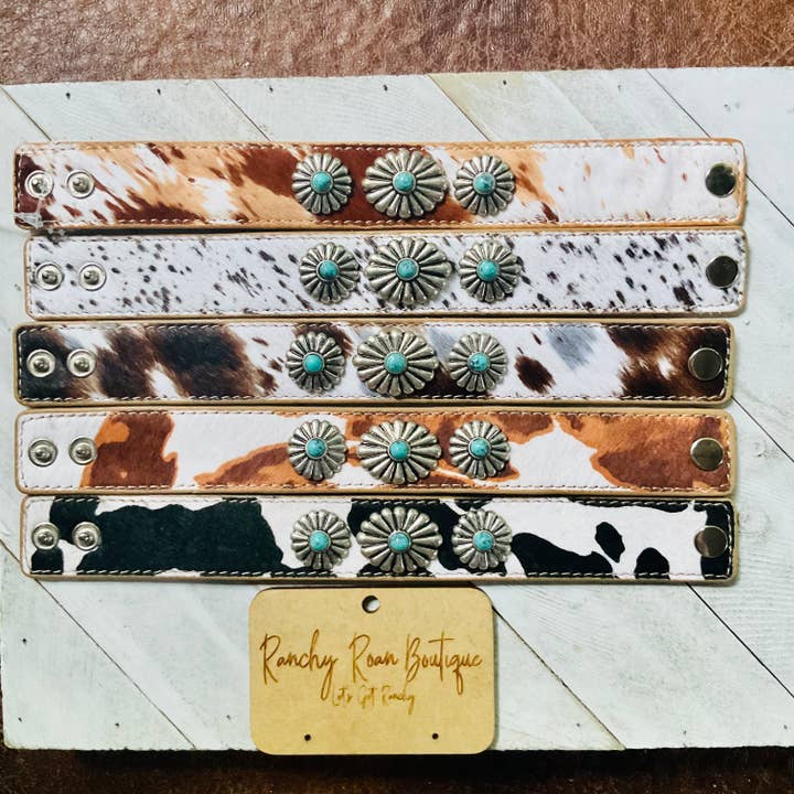 Ranchy Roan Boutique - Wholesale Bangle Bracelet - Cowhide Concho Leather Stone Bracelet1