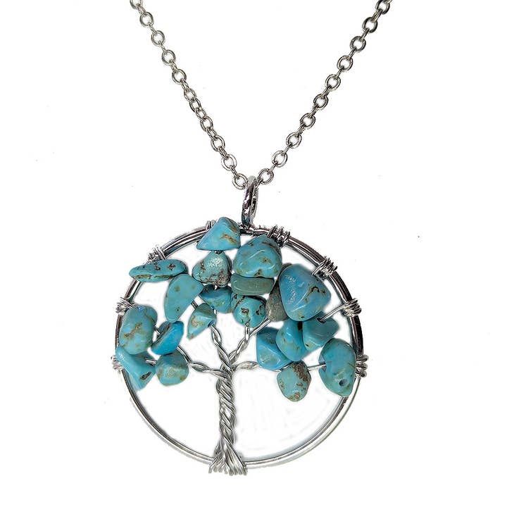 Blue Howlite Gemstones Tree of Life Wire Wrapped Necklace Silver for wholesale by Stylish Jewelry Supply