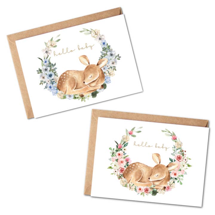 Hello Baby Deer Floral Hand Drawn Watercolor Greeting Card for wholesale by Simply Crafty