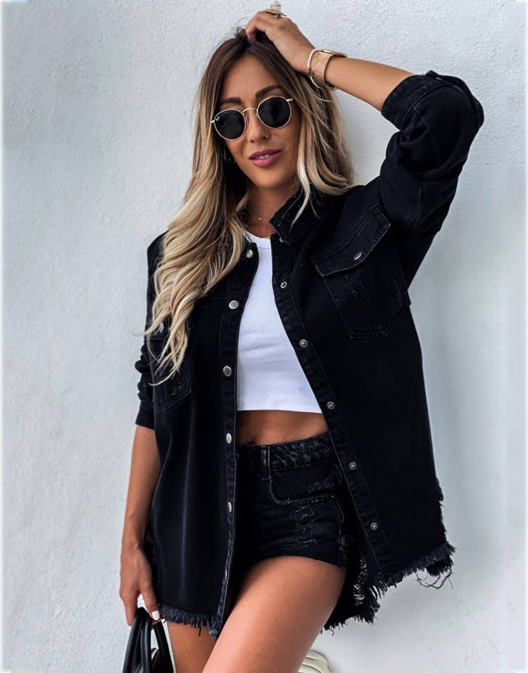 HIDDENBRAND - Wholesale Denim Jacket - Women's - Oversized  ripped frayed edges denim jacket3