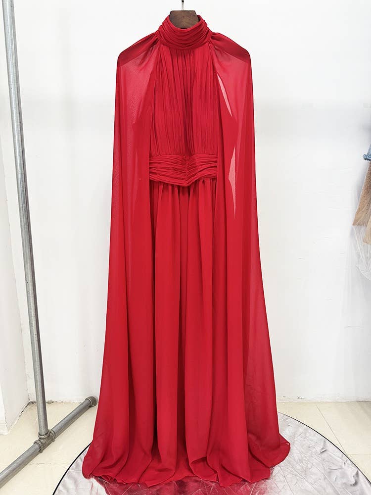 Red DR664Y Flowing Pleated Chiffon Maxi Dress with Cape Detail for wholesale on Faire1