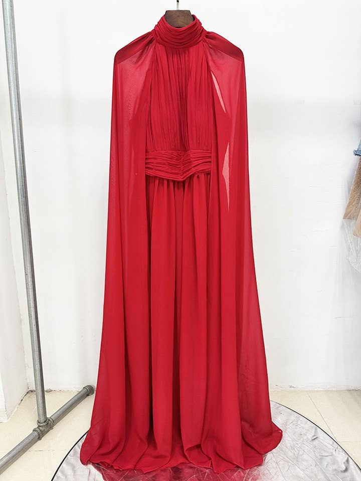 Red DR664Y Flowing Pleated Chiffon Maxi Dress with Cape Detail for wholesale on Faire1