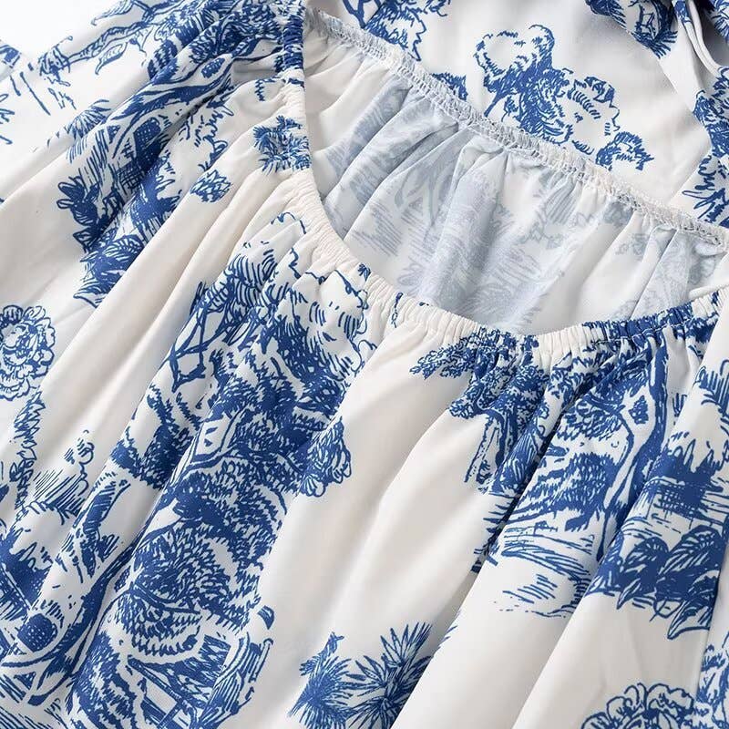 Blue Floral Toile print strappy dress w open back bow tie for wholesale on Faire9