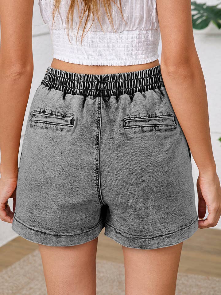 Follow Your Arrow - Wholesale Shorts - Women's - Dusk Blue Drawstring High Waist Pocketed Denim Shorts