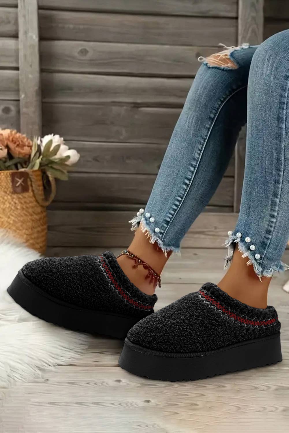 1 the Woman - Wholesale Slippers - Women's - Embroidered Sherpa Plush Thick Sole Winter Slippers6