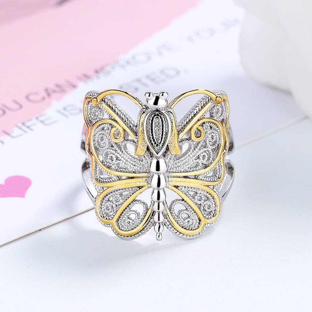 Amy and Annette - Wholesale Cocktail/Statement Ring - Amy and Annette 14K Gold Artisan Two-Tone Filigree Dragonfly Ring1