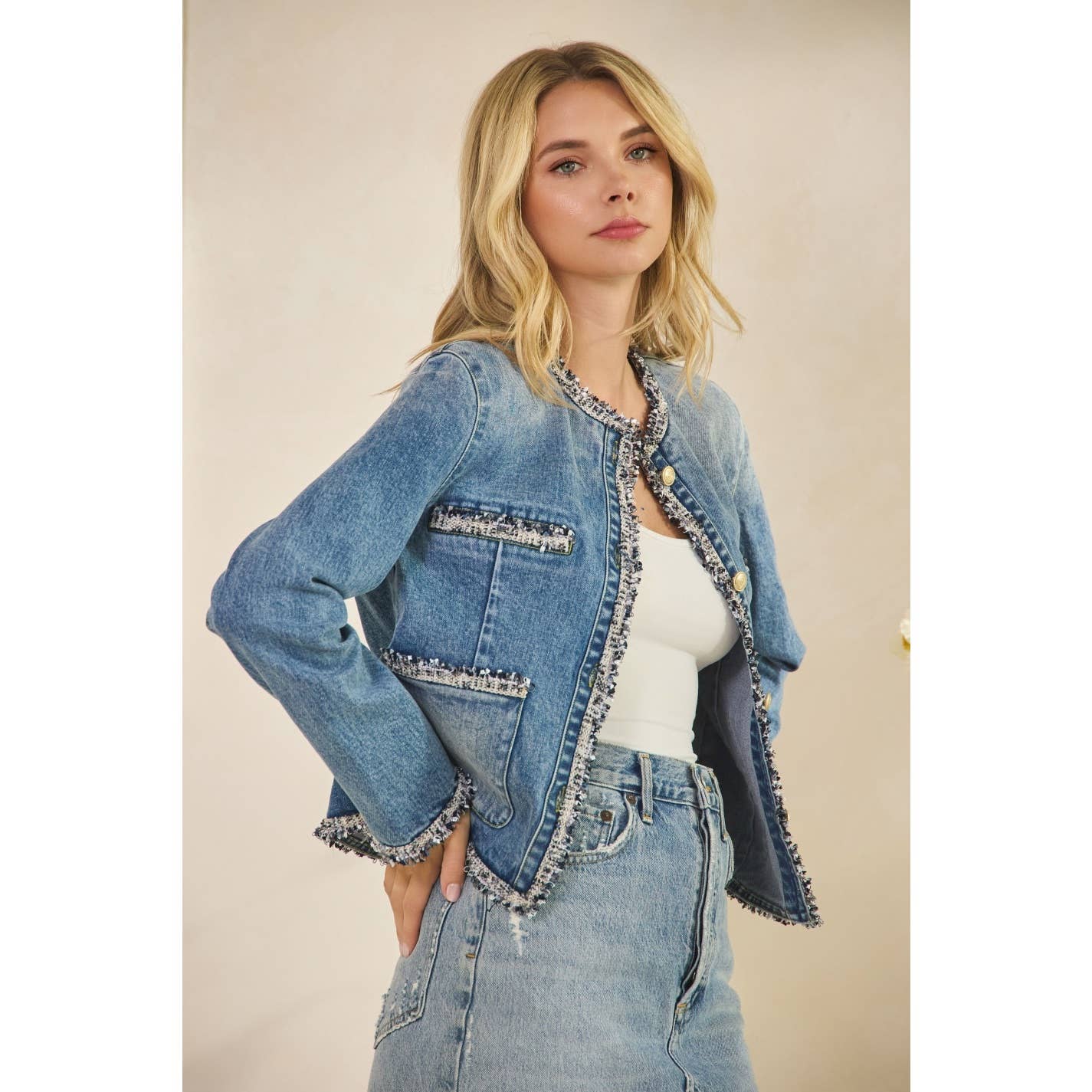 Med Wash Tweed Trimmed Front Pocket Denim Jacket for wholesale on Faire16