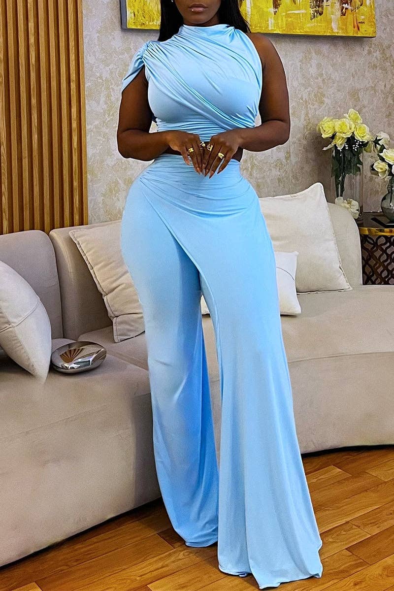 BLUE Draped Halter Top and Wide-Leg Pants Set for wholesale on Faire1