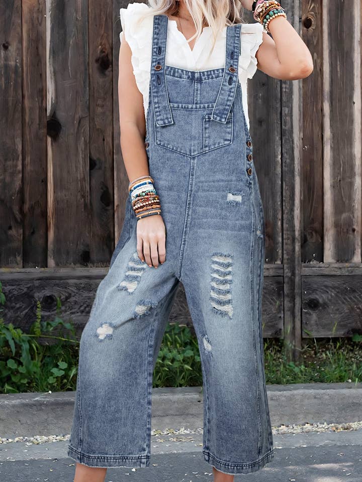 Distressed Bib Pocket Wide Leg Denim Overall for wholesale by Umorger