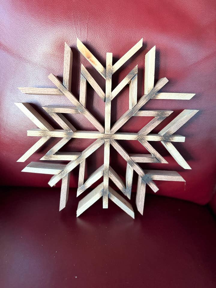 5.04 Rustic Walnut Snowflake: 12" Wooden Holiday Ornament for wholesale by JAVI Creations