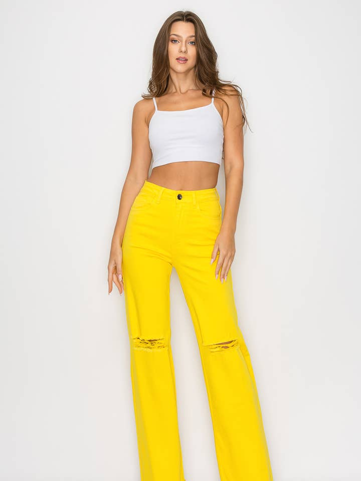 VAQUEROS ANCHOS ELÁSTICOS DE CINTURA ALTA LVB-230 AMARILLOS para venta al por mayor de Denim Zone U.S.A.