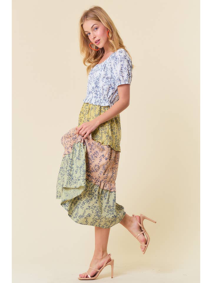 Off White Sage Mix FLORAL PRINT SHORT SLEEVE COLOR BLOCK MIDI DRESS - 27593D for wholesale on Faire