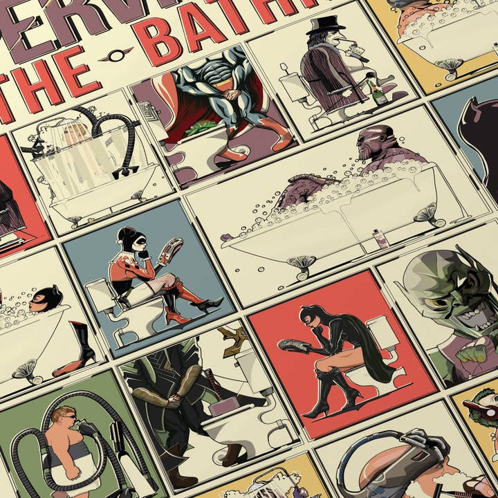 In The Washroom - Vente Poster - Affiche de bain humoristique « Supervilains dans la salle de bain ».3